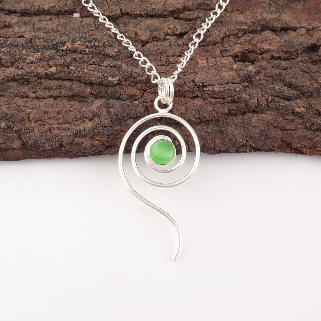 Green Cat's Eye Gemstone 925 Sterling Silver Jewelry Handmade Necklace Pendant PP-42-44