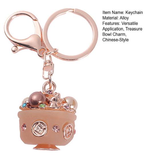 Treasure Bowl Keychain Rhinestone Wealth Charm with Key Ring Backpack Handbag Charm Keychain Gift for Men Women Friends