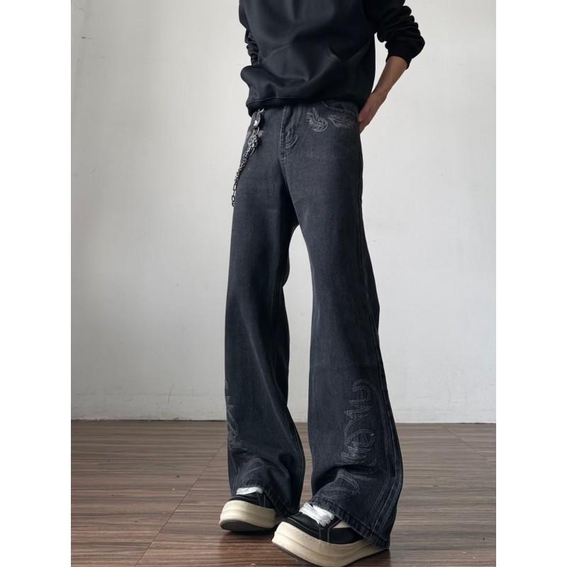 Mens Washed Black Grey Embroidered Slim