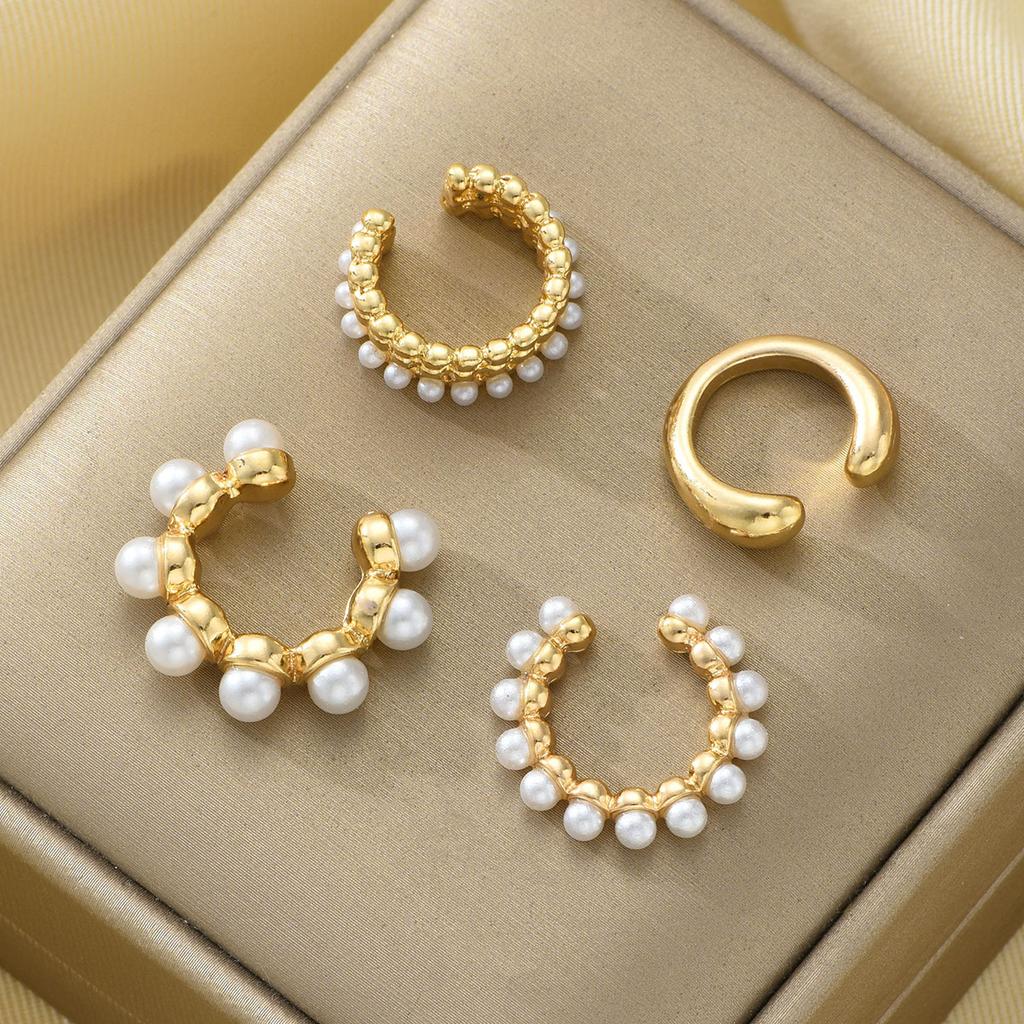 4Pcs/Set Vintage Imitation Pearl Ear Clip Earring for Women Classic Gold Color C-Shape Earcuff Earring Simple Daily Wear Jewelry