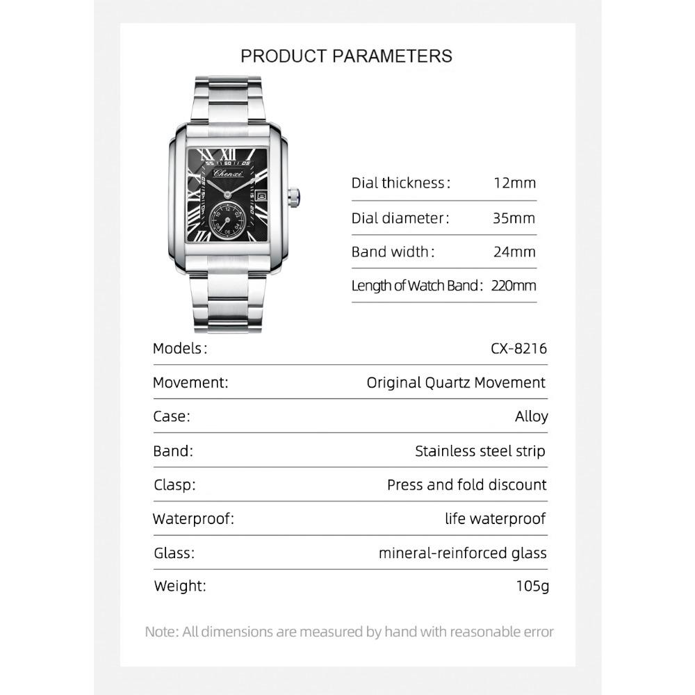 CHENXI 8216 Men's Quartz Watches Fashion Business Simple Silvery Stainless Steel Strap Square Wristwatches for Male Gift