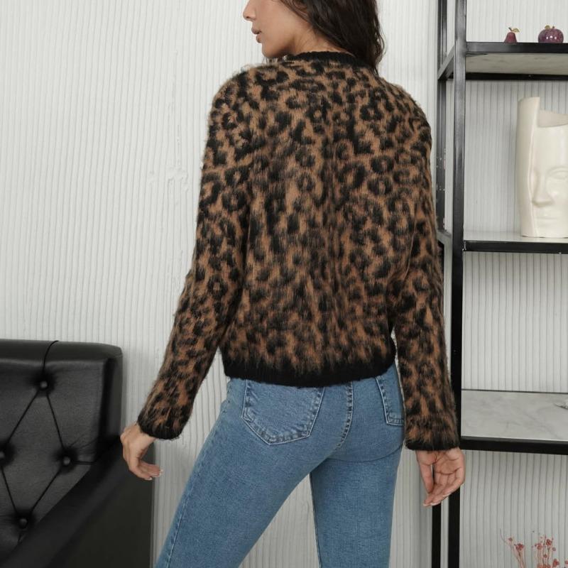 Leopard Print Knit Cardigan Women's Loose O-Neck Long Sleeve Casual Color Block Sweater Fashion Button Cardigan Top Y2k
