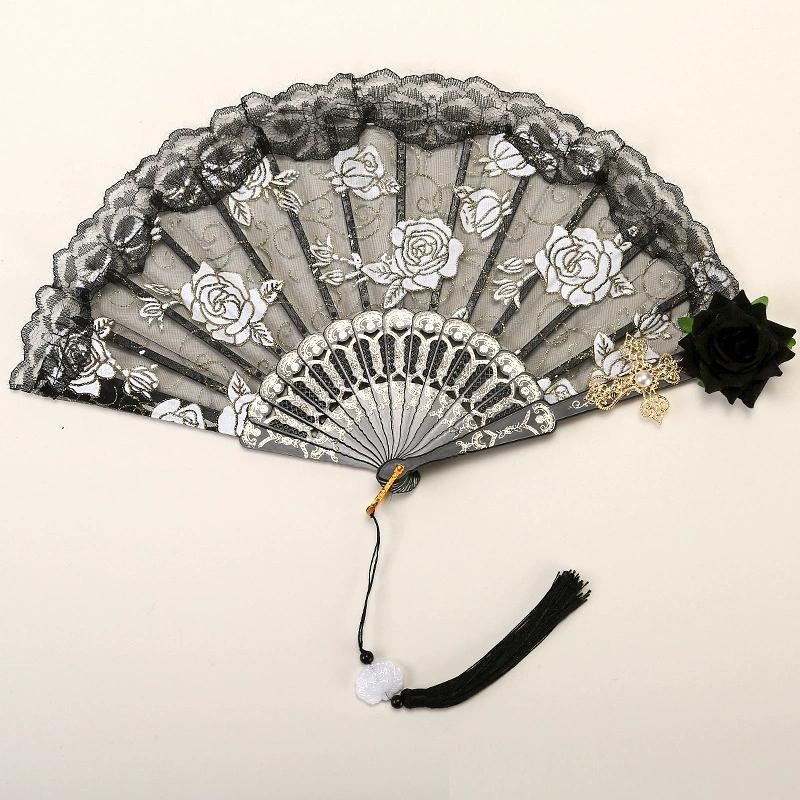 Female Lace Hand Fan Lolita Gothic Fan Victorian Vintage Black White Red Rose Bamboo Fans Cosplay Halloween Party Photo Prop
