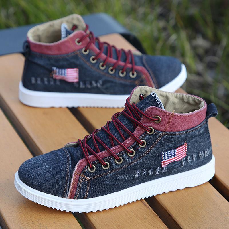 

Мужская повседневная обувь в британском стиле, джинсовые кроссовки из парусины, высокие черные мужские ботильоны, обувь на плоской подошве, Chaussure Homme 2024 39