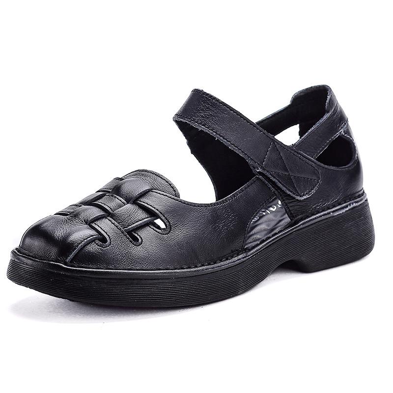 Genuine Leather Chunky Heel Woven Sandals for Women - Comfortable Cowhide Summer Shoes US 9 чёрный