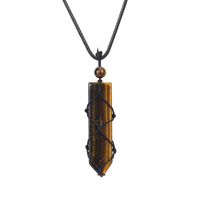 Hand-Woven Natural Stone Crystal Amethyst Sword-Shaped Mesh Pocket Pendant Necklace N578