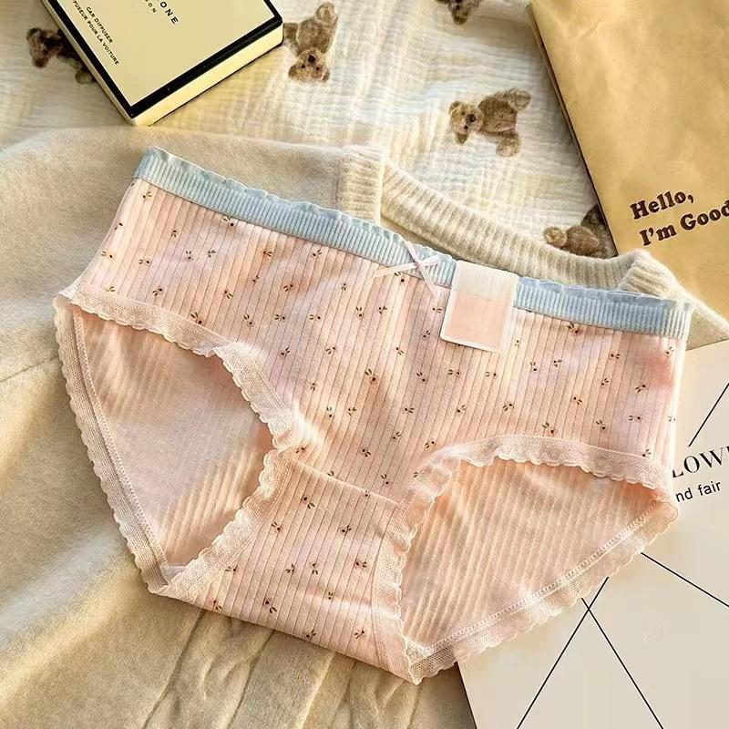 Women's Cotton Underwear Sexy Lace Panties Girls' Floral Thread Briefs Mid Waist Seamless Underpants Female Lingerie