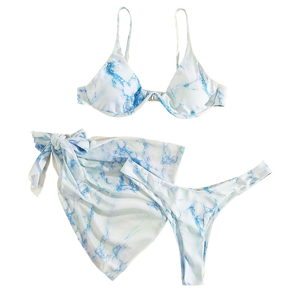 Women's Summer Fashion Sexy Marble-print Adjust The Shoulder Straps Waist  Veils Knot Hem Bikini  Three-pieces Swimsuit