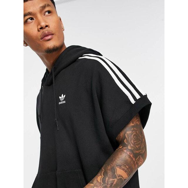 

adidas Originals adicolor 3 stripe short sleeve hoodie in black