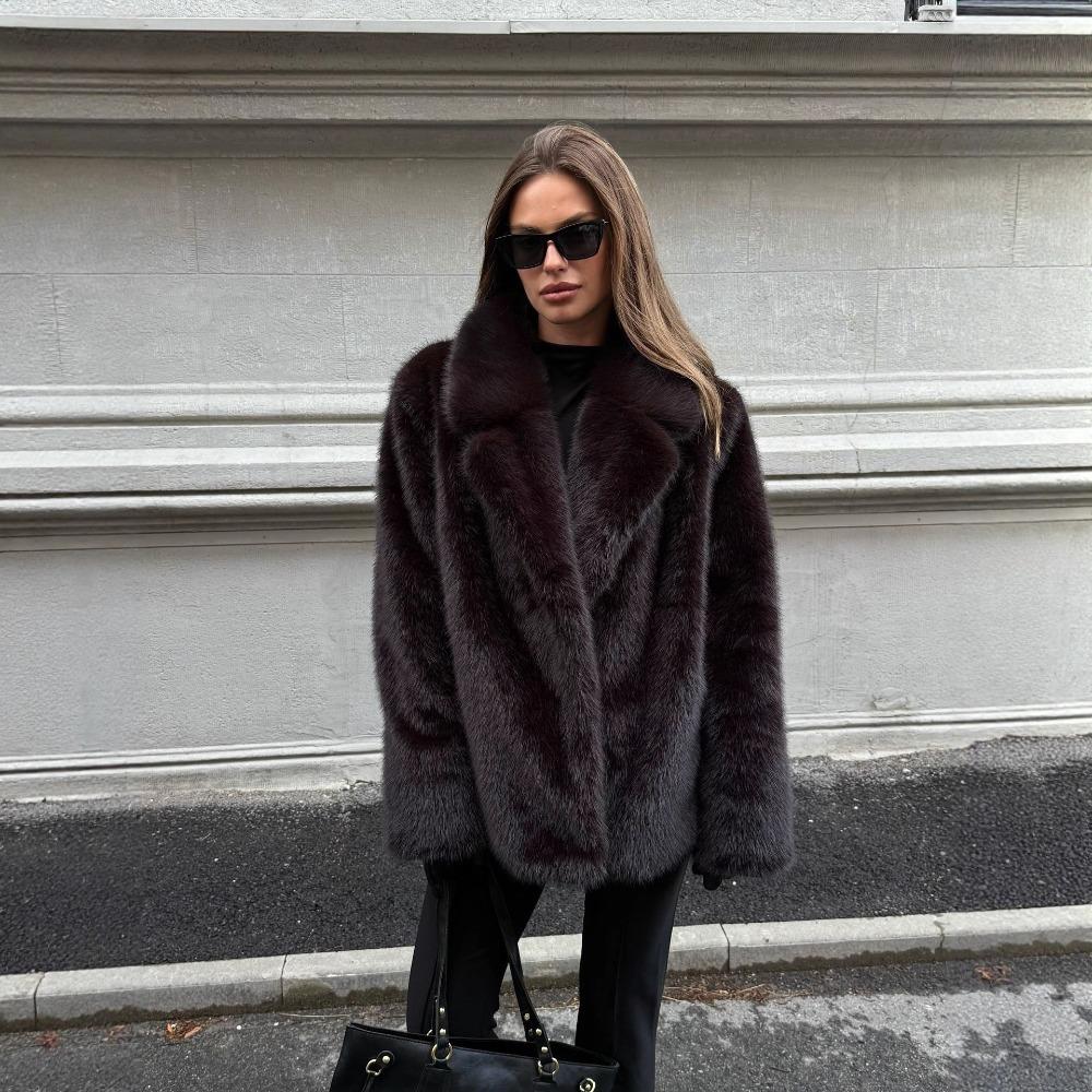 Women's Turn Down Collar Long Sleeve Faux Fox Fur Coat Loose Fit Commuter Style Furry Overcoat