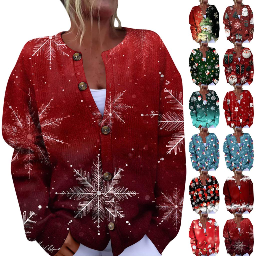 Sieviešu modes Ziemassvētku apdrukāta jaka ar garām piedurknēm, trikotāžas jaka ar pogu