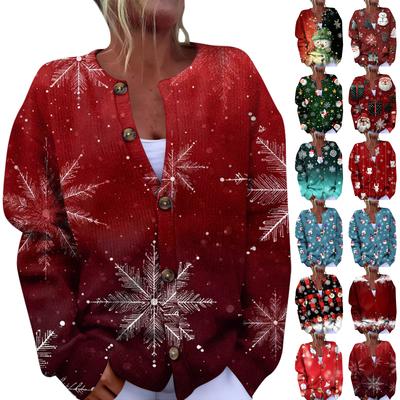 Women's Fashion Christmas Printed Long Sleeve Knitted Cardigan Button Down Jacket