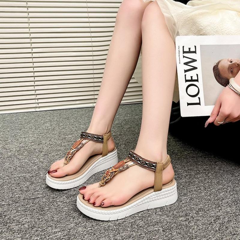 

Fashion Plus Size Bohemian Style Flat Sandals for Women Summer Casual Comfortable Beach Shoes Femme Soft Boottom Footwear Shoes 36 хаки