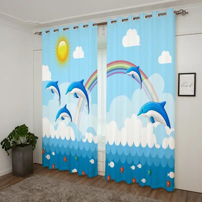 2 szt. Zasłony z motywem oceanu i wzorem ryb, dekoracyjne zasłony okienne z tunelem na karnisz, dekoracje okienne do sypialni, salonu, wystroju domu