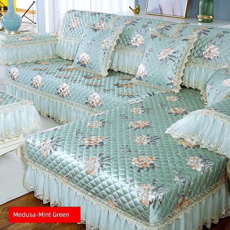 

Linen Sofa Cushion Non-Slip Cushion All Year Round General Fabrics Western Style Purple Lace Scarf Backrest Armrest Towel Pillow Cover Medusa-Mint Green 50*50cm pad (4 side small lace)