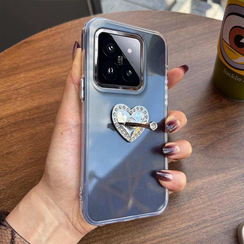 Luxury Bling Rhinestone Heart Ring Bracket Clear Phone Case for Xiaomi 14 Pro Stand Cover
