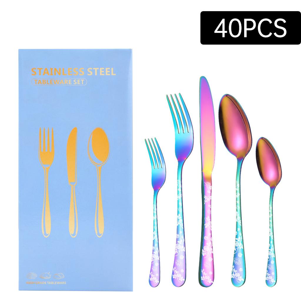 New Pattern Stainless Steel Tableware 40 Pieces Suit PVD Plated Printed Black Carved Handle Laser