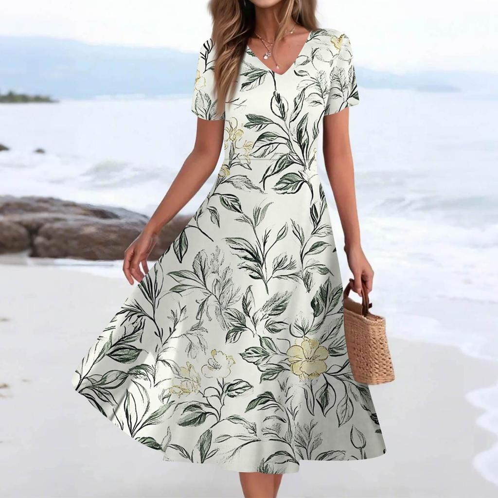 Women's Summer Casual Fashion Print Pocket Short Sleeve V-Neck Swing Dress