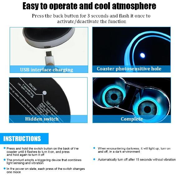 2PCS LED Car Cup Holder Lights, 7 Colors Changing Vehicle USB Charging Cup Holder Insert Coasters, Automotive Interior Atmosphere Lamp Decoration