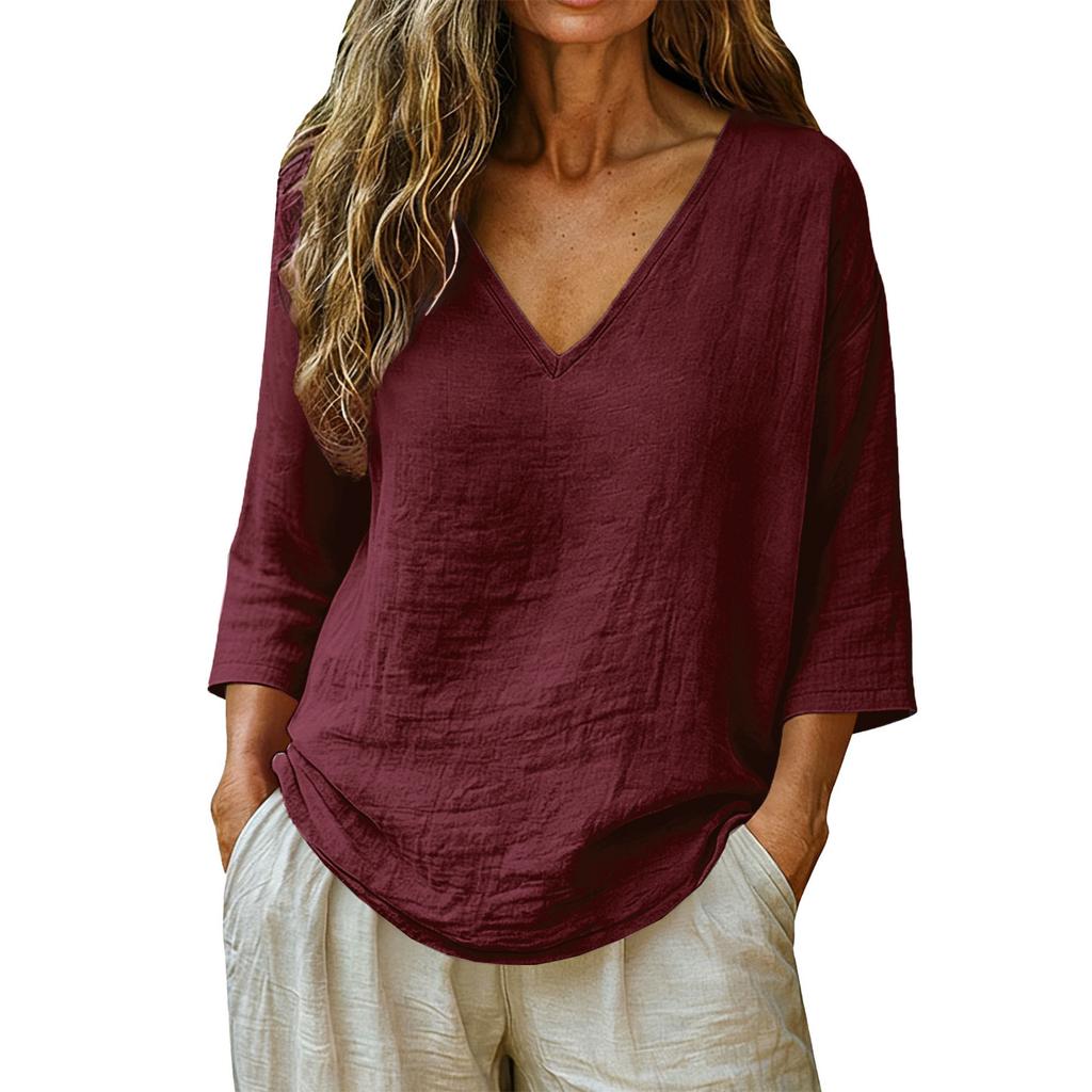 Donna Nuova Primavera Estate Cotone Slub Manica 3/4 Scollo a V Top, Blusa Casual Moda Larga