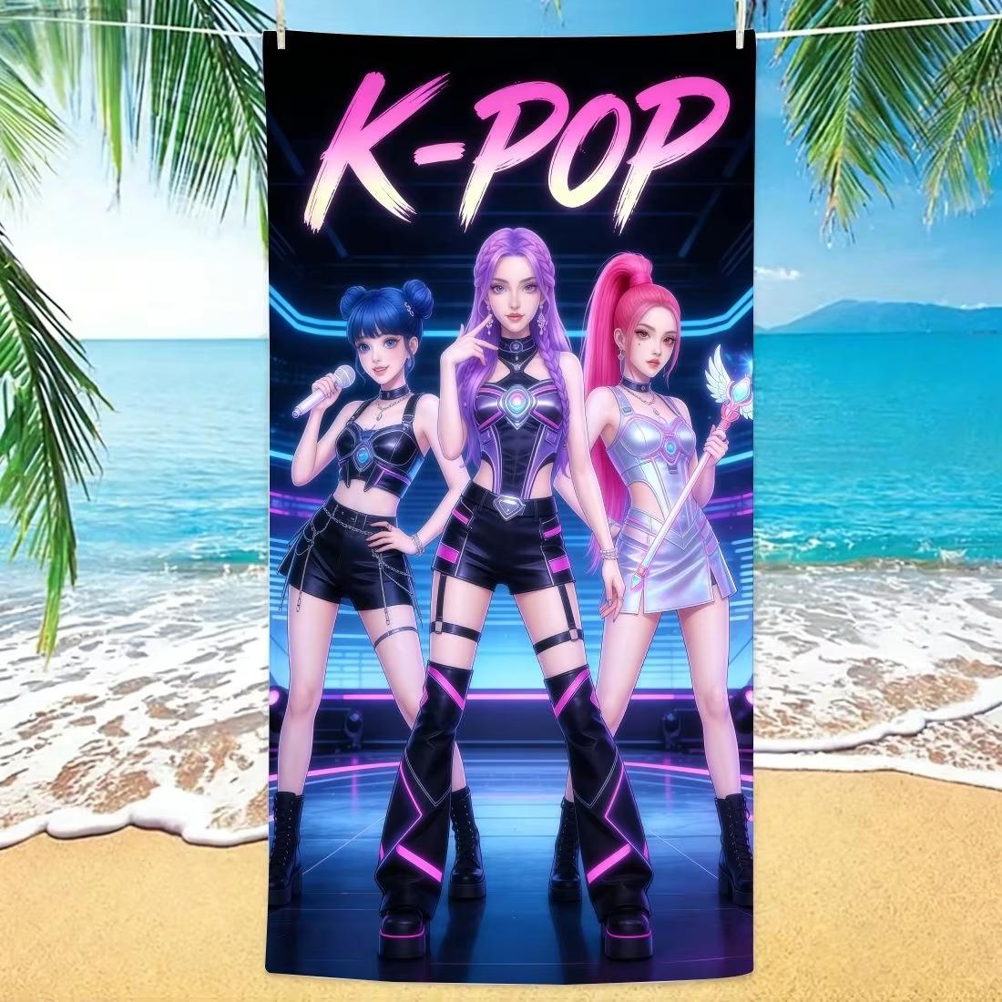 1PC K-pop Anime Girl Beach Towel, Quick Dry Soft Polyester Towel, Lightweight Absorbent Towel for Summer Vacation, Perfect Gift W40*H60(CM)
