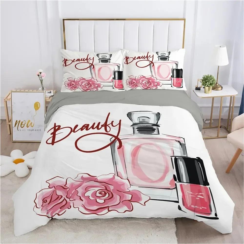 Perfume Floral Duvet Cover Set Pink Makeup Bedding Set With Pillowcase,Girls Women Romantic Fashion Gifts Comforter Cover Set