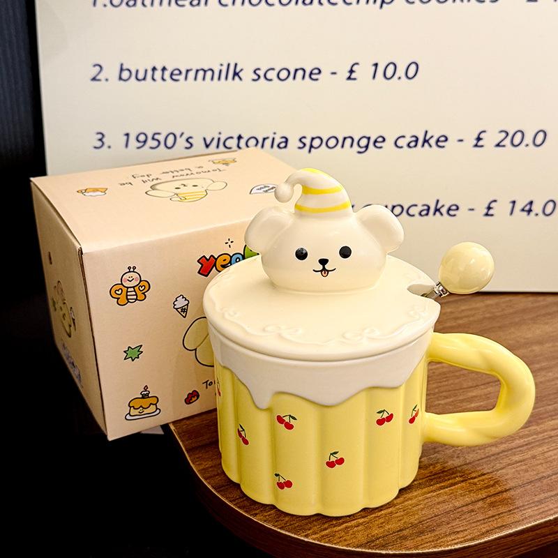 Cartoon Dreidimensionale Welpen Deckel Keramiktasse mit Löffel Niedliche Kinder Haushaltstasse Frühstück Milchbecher Souvenir