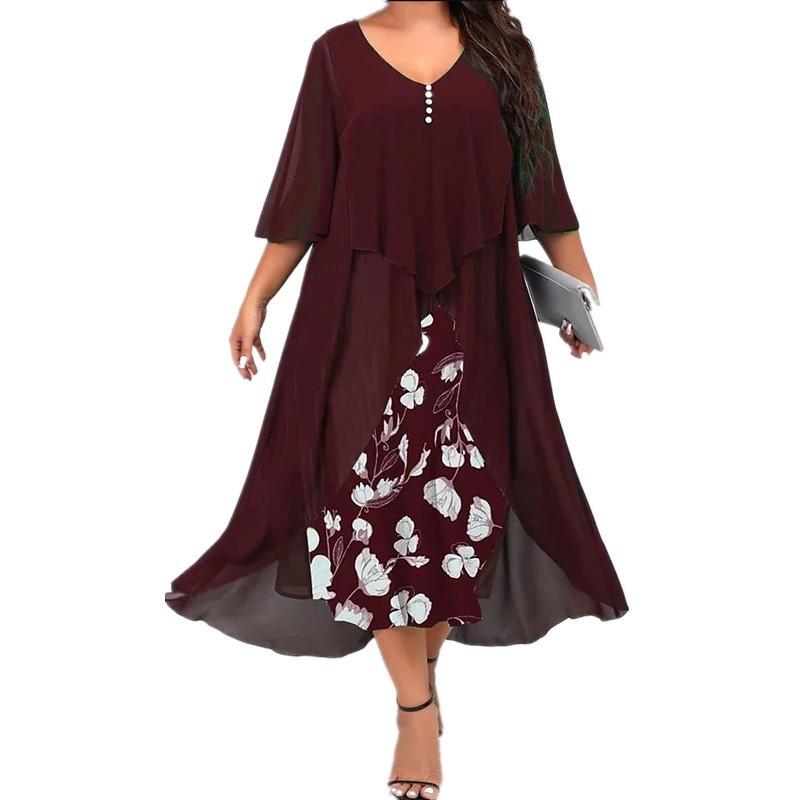 Due Vestiti da Donna in Chiffon Patchwork Finti a Manica Media Sovradimensionati