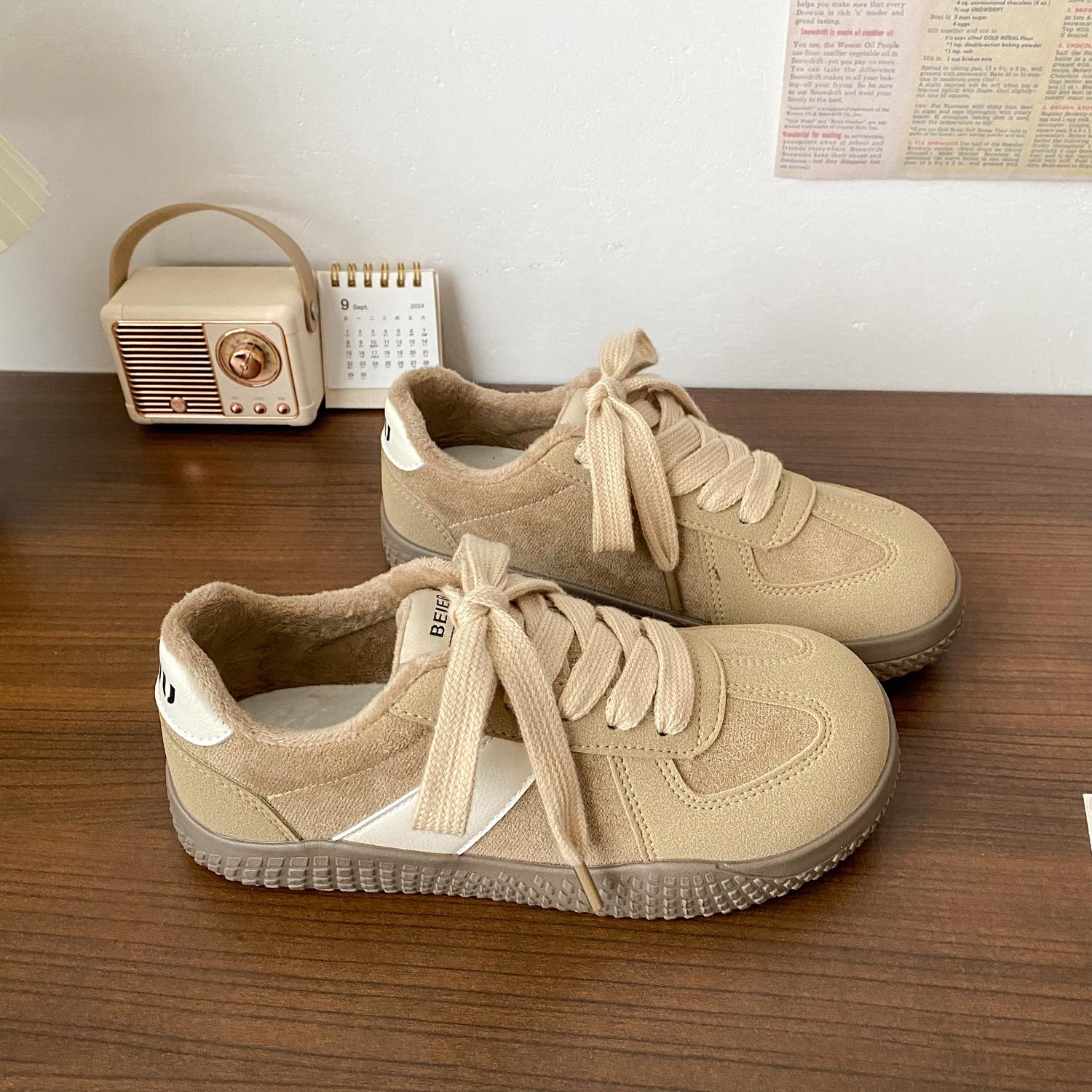 

Ретро немецкие тренировочные туфли на плоской подошве женские бархатные кеды 2025 весна-осень новые универсальные спортивно-повседневные туфли на шнуровке 40 верблюд