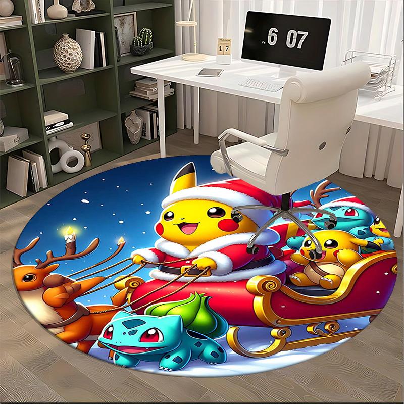 1pc Christmas Pikachu Santa Claus Round Carpet - Anime Design Office Chair Mat, Non-Slip Rug for Home Decor, Living Room