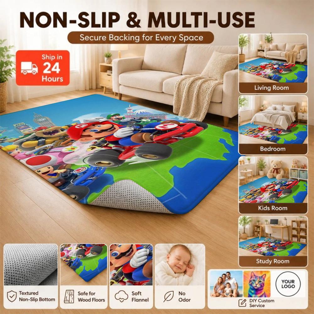Mario Kart World Tour Theme Rug Allseason Carpet For Living Room Bedroom Office Home Decor Great Holiday Gift