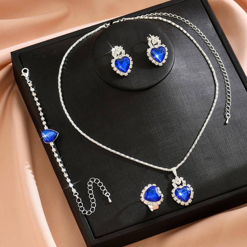 Love Rhinestone Necklace Earrings Ring Jewelry Four-Piece Set High-End Bridal Jewelry