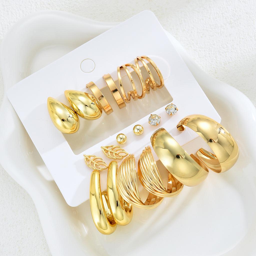 17KM 9 Piece Water Leaf Earrings Set Fashion Jewelry Women Trendy Shiny Daily Party Accessory Decorative Gift Idea For Her