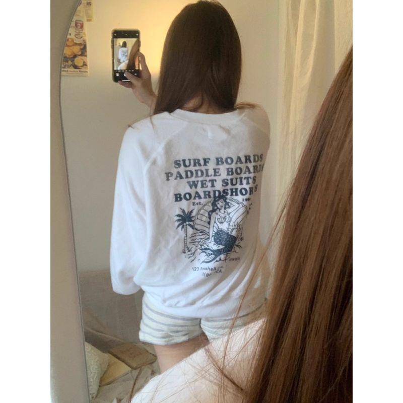

Export American Mermaid Print Brushed Letters Sweatshirt Work Clothing White 3X
