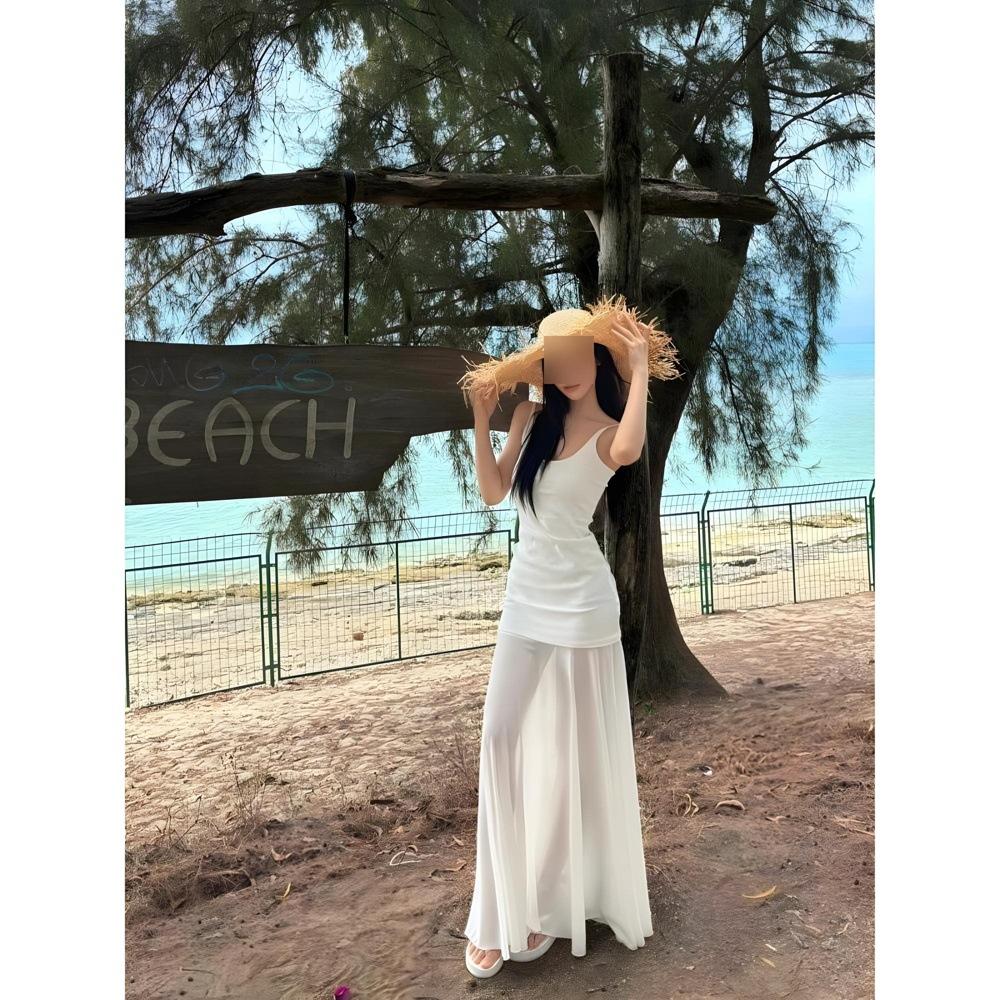 

Белое сетчатое платье на бретелях женское летнее в стиле морского отдыха темпераментная красивая юбка годе M- (recommended 90-50 kg) белый