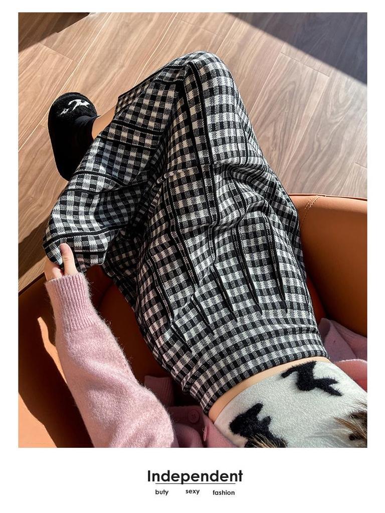 Women's High-Waisted Plaid Pleated Wool Midi Skirt - Fashionable, Slimming, A-Line Design