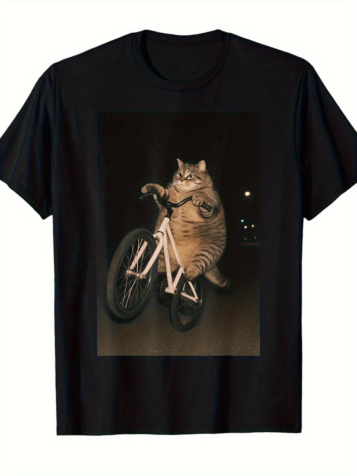 Cute Cat on Bike Animal Funny Meme Print TShirt Women Summer Short Sleeved Printed Crew Neck Casual Women Clothing S