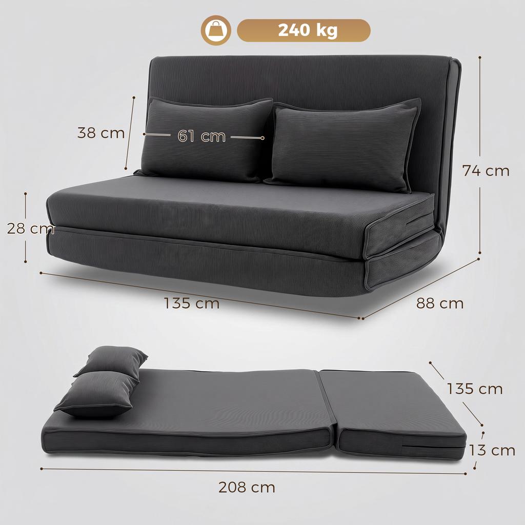 Floor Chair with Backrest, Corduroy Folding Sofa as Guest Bed, Adjustable Backrest, Wide Seat, Dark Grey