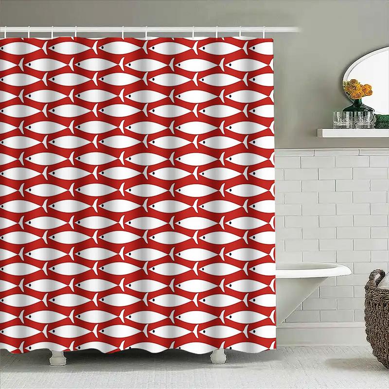 Fish Shower Curtain Red White Pattern Ocean Sea Animal Bathroom Decor Waterproof Modern Coastal Home Textile Washable