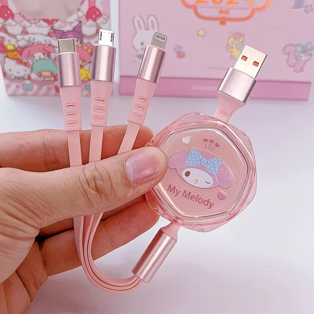 Cute Cartoon Kt Cat Melody Extendable Three-In-One Fast Charging Data Cable Suitable For Apple/Android/Huawei Type-C