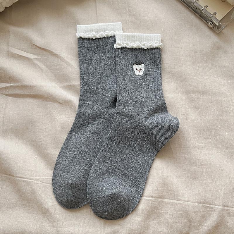 

Носки Dui Dui Женские осенне-зимние носки до середины икры, вышитые медведями, женские носки, трехмерные носки с пузырьками, белые кружевные носки 1 pair