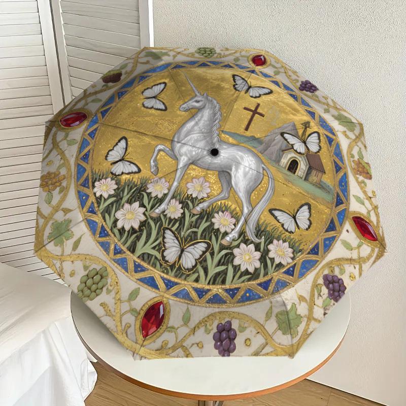 

1pc Unicorn, Butterflies, Cross, Rural Scene Umbrella with Plastic Handle,Suitable for All Seasons Home Travel Outdoor UmbrellaDD1355