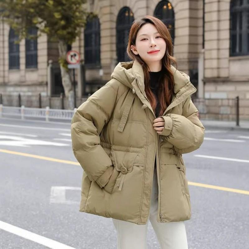 Womens Plus Size Puffer Jacket With Drawstring Waist Thick Warm Cotton Fill Hooded Short Coat Fall Winter