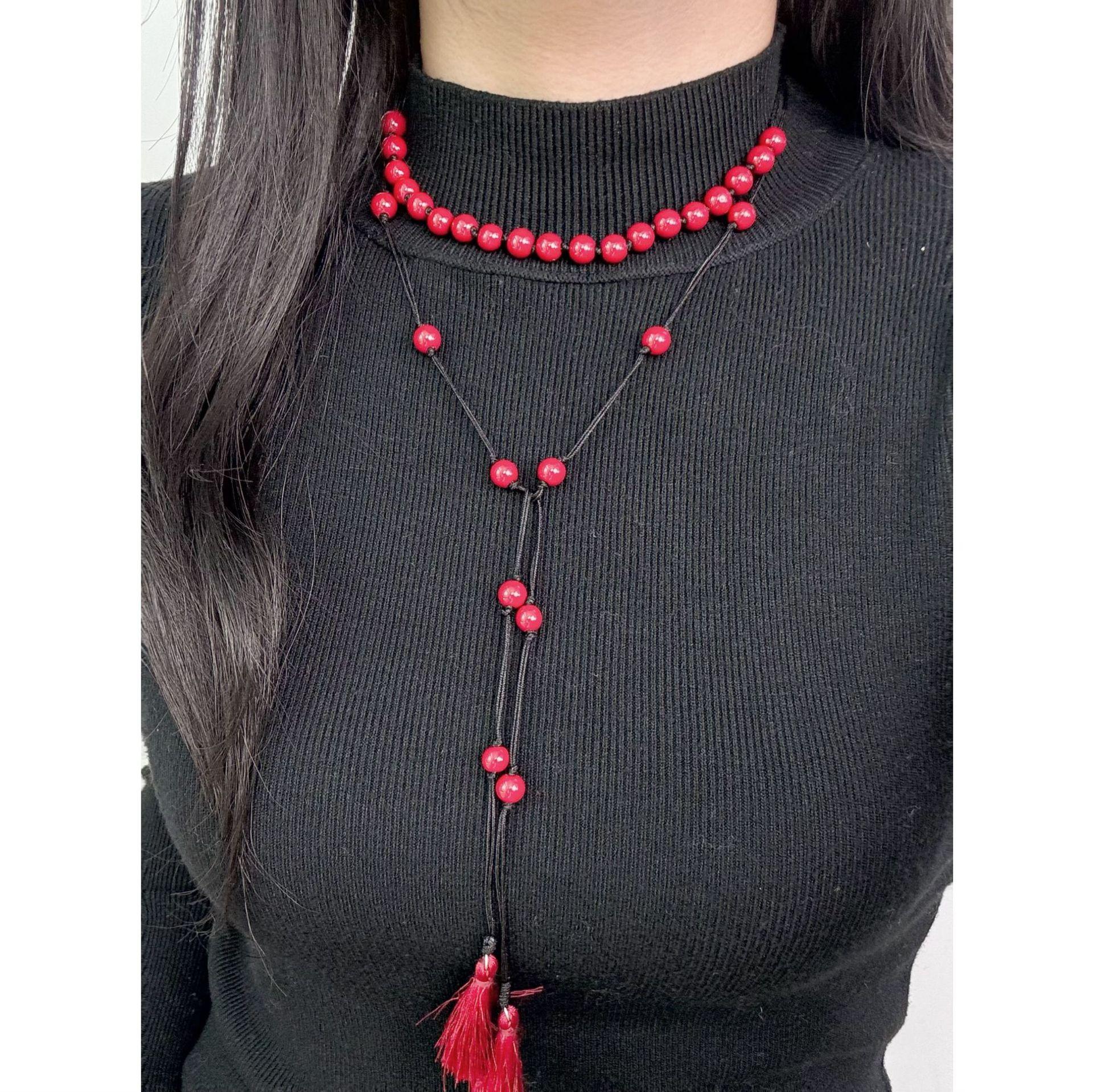 

Fashion Personality Red Glass Bead Beaded Tassels Necklace for Women Retro Ethnic Double-layer Fold Wear Sweater Chain Jewelry красный