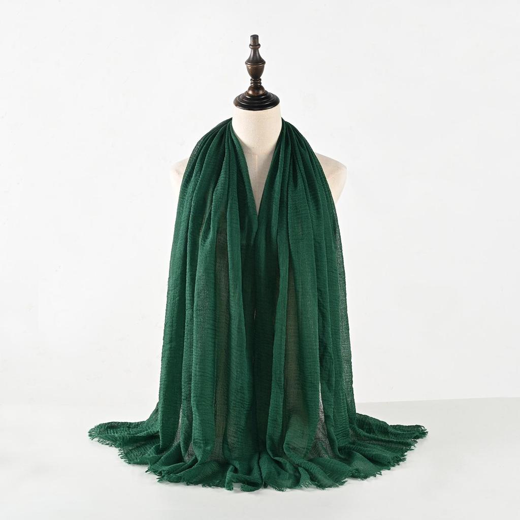 Crinkled Cotton-Linen Blend Scarf with Fringe - Solid Color, 90x180cm, Women's Headscarf