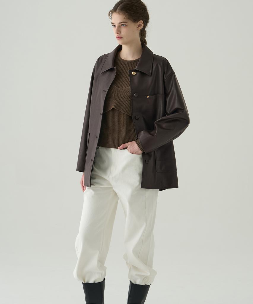 Drawfit Women Button Leather Half Jacket [D.Brown]