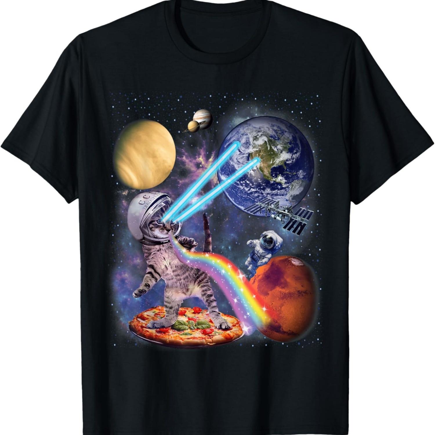 Funny Cat Flying A Pizza Astronaut in Space Galaxy Cat T-Shirt S чёрный