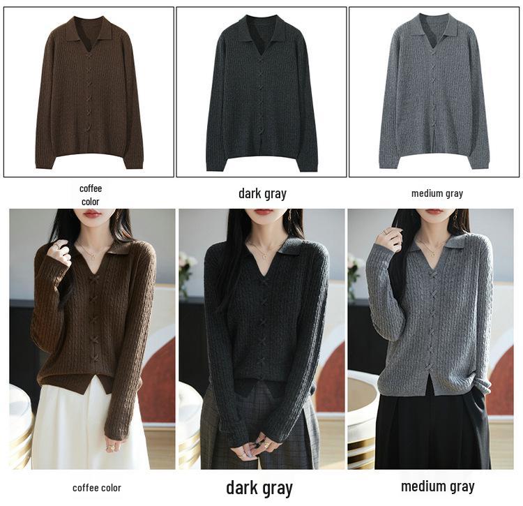 2025 Spring Women's Loose Lapel Pure Wool Cable Knit Sweater