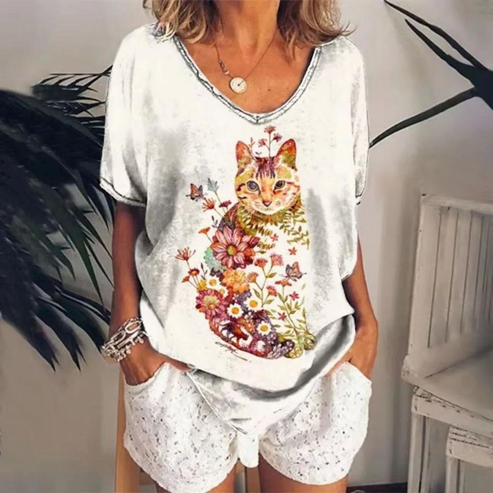 Summer V-neck 3D Cat Printed Top Fashionable Casual Short Sleeved Women's T-shirts