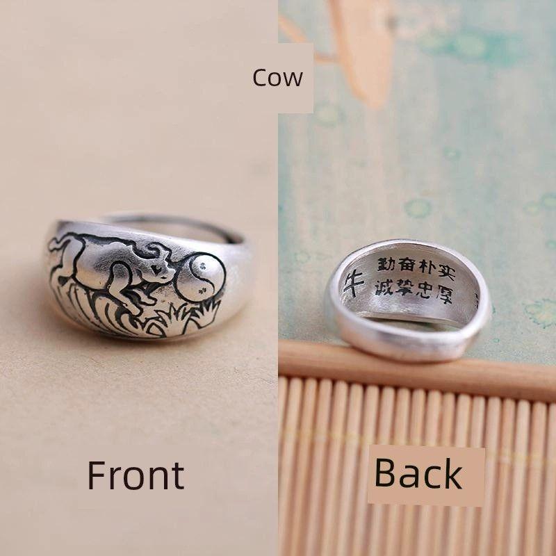 

Стерлинговое серебро Зодиакальное кольцо-оберег Ретро состаренное Мужское и женское Парное кольцо на указательный палец Модное Регулируемое Персонализированное Cow Ring + Ping An Card Opening adjustable